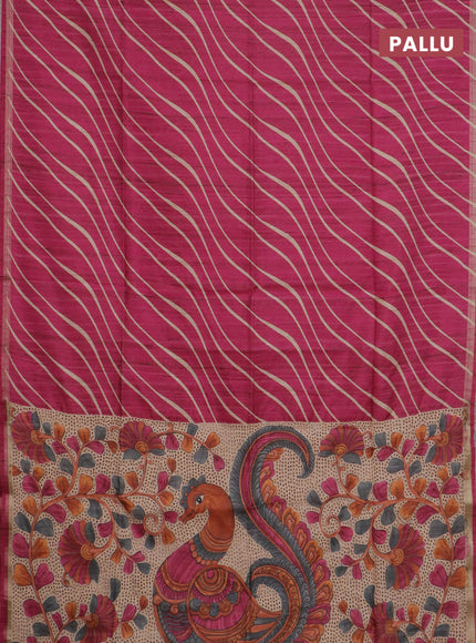 Semi tussar saree magenta pink with leheriya prints and kalamkari prints & cut work pallu