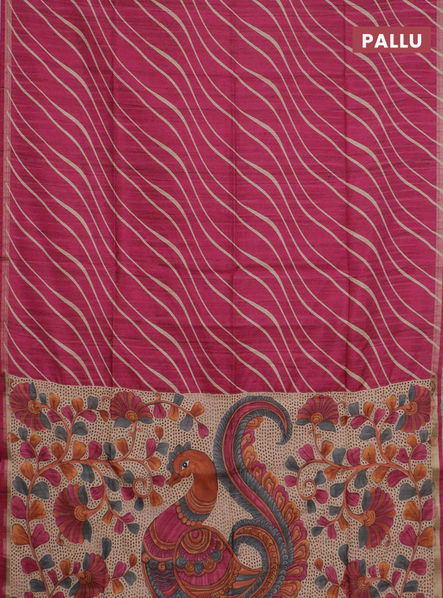 Semi tussar saree magenta pink with leheriya prints and kalamkari prints & cut work pallu