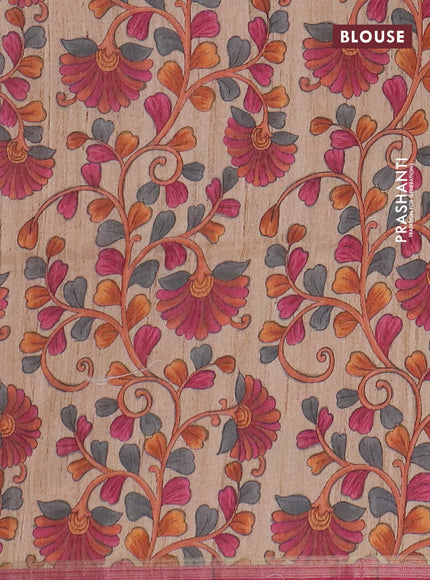 Semi tussar saree magenta pink with leheriya prints and kalamkari prints & cut work pallu