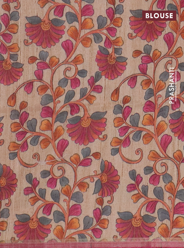 Semi tussar saree magenta pink with leheriya prints and kalamkari prints & cut work pallu