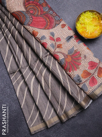 Semi tussar saree grey with leheriya prints and kalamkari prints & cut work pallu
