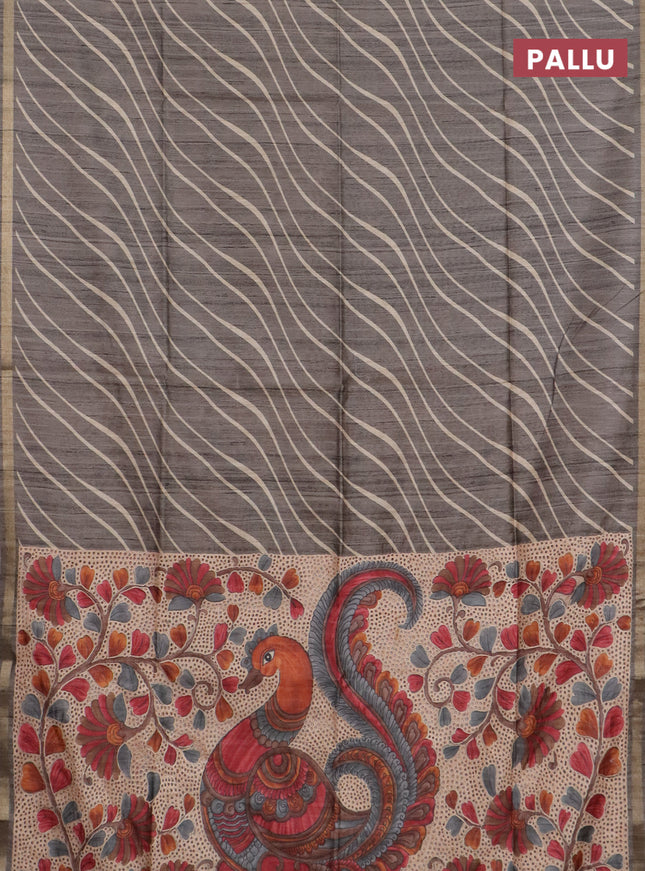 Semi tussar saree grey with leheriya prints and kalamkari prints & cut work pallu