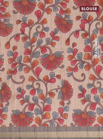 Semi tussar saree grey with leheriya prints and kalamkari prints & cut work pallu