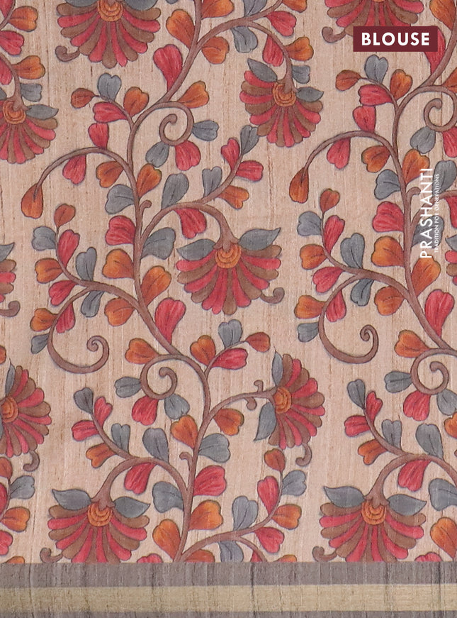 Semi tussar saree grey with leheriya prints and kalamkari prints & cut work pallu