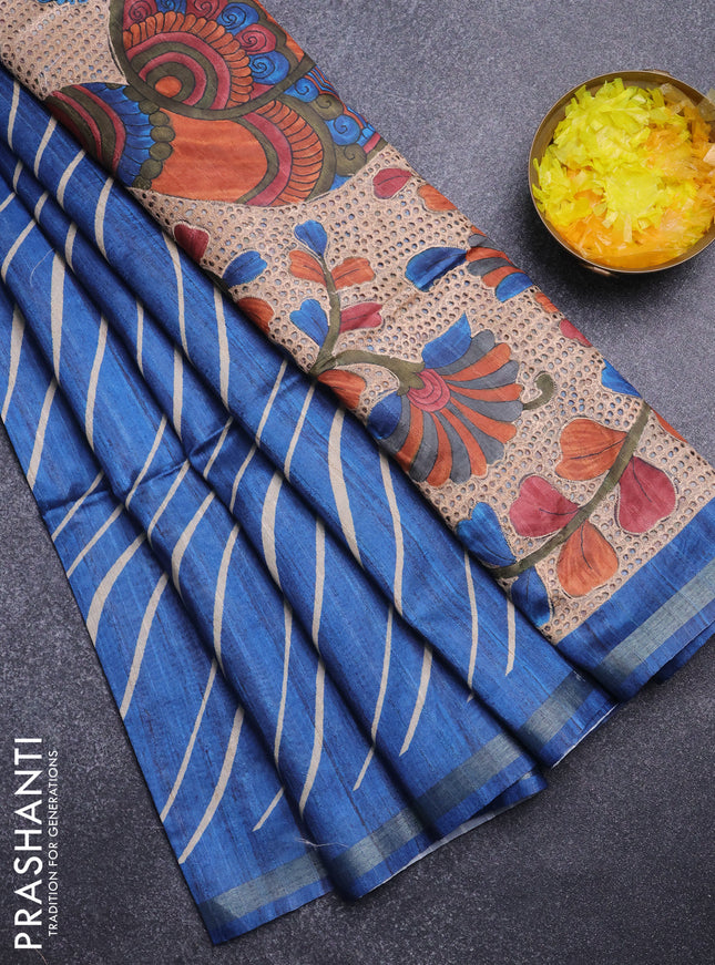 Semi tussar saree peacock blue with leheriya prints and kalamkari prints & cut work pallu