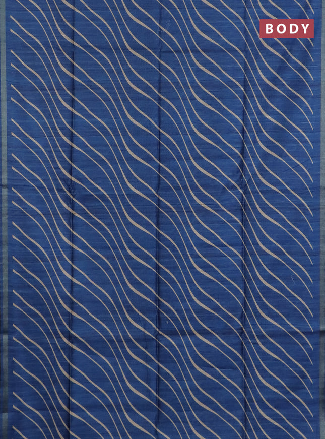 Semi tussar saree peacock blue with leheriya prints and kalamkari prints & cut work pallu