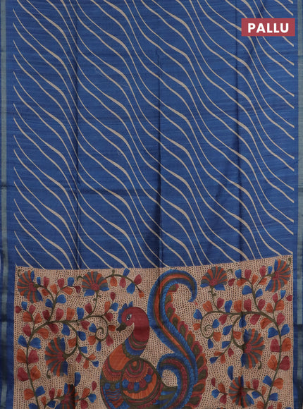 Semi tussar saree peacock blue with leheriya prints and kalamkari prints & cut work pallu
