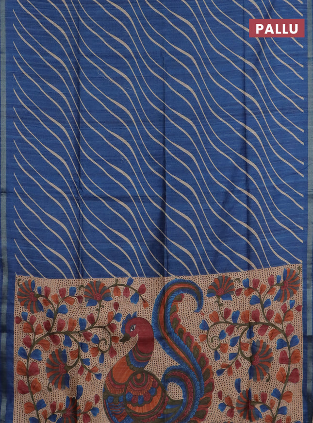 Semi tussar saree peacock blue with leheriya prints and kalamkari prints & cut work pallu
