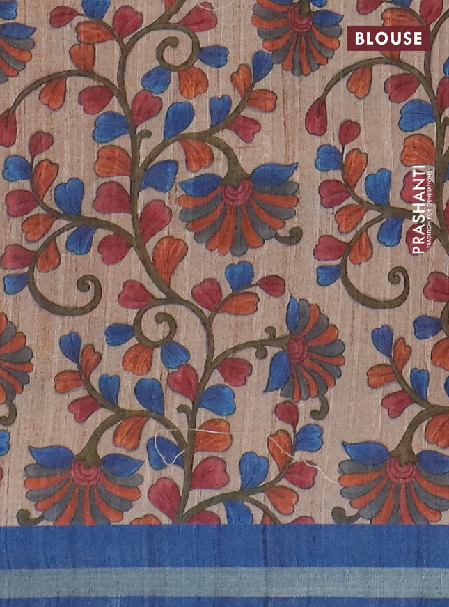 Semi tussar saree peacock blue with leheriya prints and kalamkari prints & cut work pallu