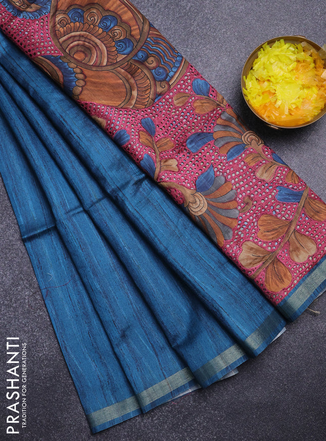 Semi tussar saree peacock blue with plain body and kalamkari prints & cut work pallu