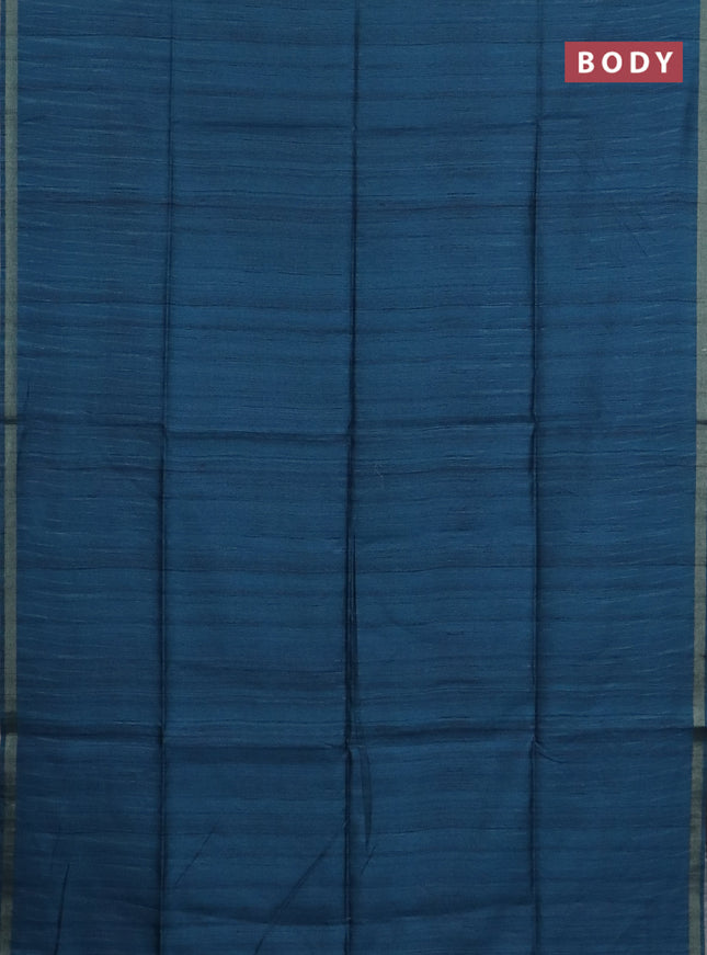 Semi tussar saree peacock blue with plain body and kalamkari prints & cut work pallu