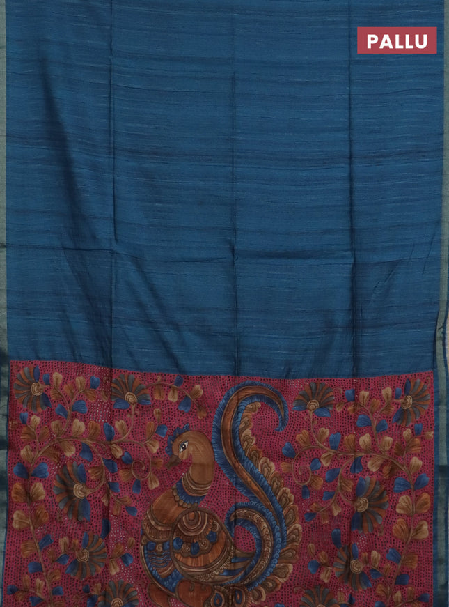 Semi tussar saree peacock blue with plain body and kalamkari prints & cut work pallu