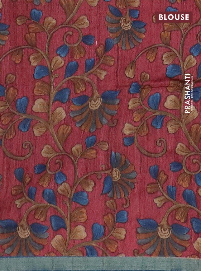 Semi tussar saree peacock blue with plain body and kalamkari prints & cut work pallu
