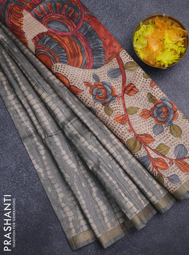 Semi tussar saree grey with shibori prints and kalamkari prints & cut work pallu