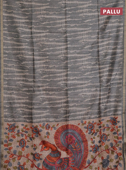 Semi tussar saree grey with shibori prints and kalamkari prints & cut work pallu