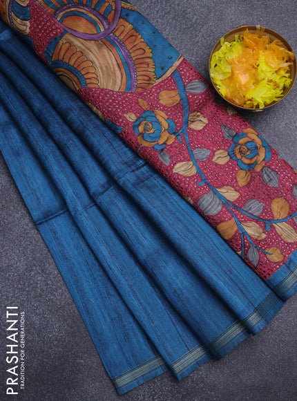Semi tussar saree peacock blue with shibori prints and kalamkari prints & cut work pallu