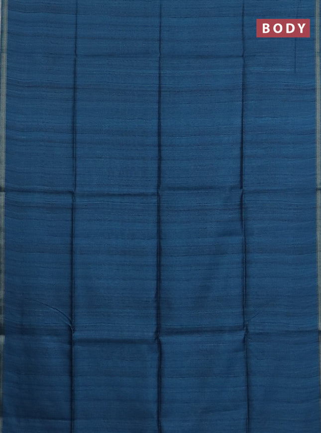 Semi tussar saree peacock blue with shibori prints and kalamkari prints & cut work pallu