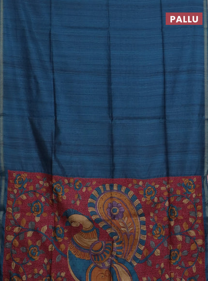 Semi tussar saree peacock blue with shibori prints and kalamkari prints & cut work pallu