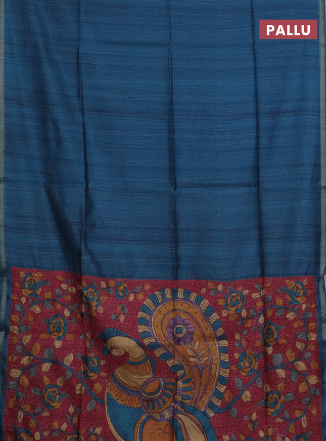 Semi tussar saree peacock blue with shibori prints and kalamkari prints & cut work pallu
