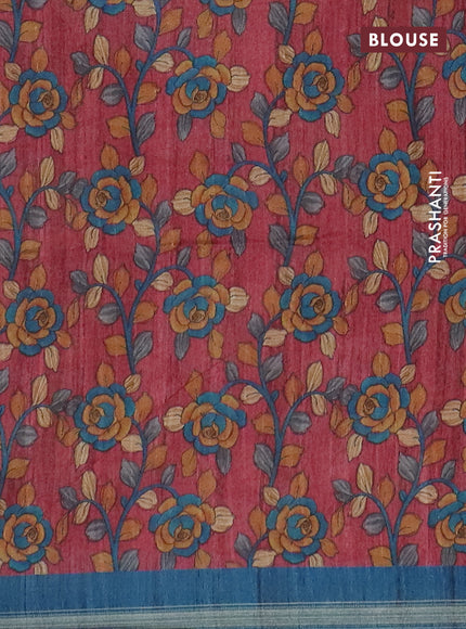 Semi tussar saree peacock blue with shibori prints and kalamkari prints & cut work pallu