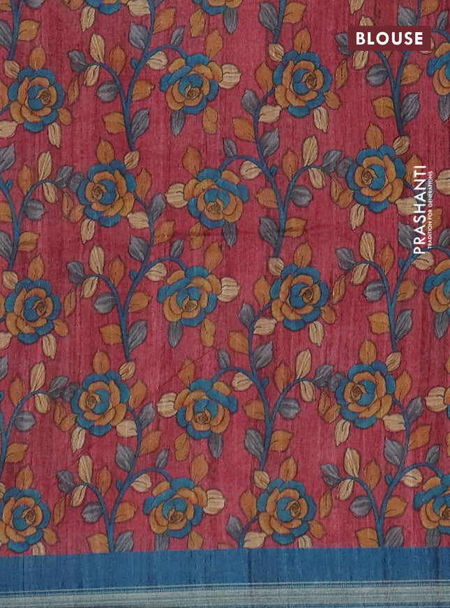 Semi tussar saree peacock blue with shibori prints and kalamkari prints & cut work pallu