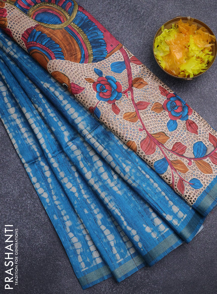 Semi tussar saree cs blue with shibori prints and kalamkari prints & cut work pallu