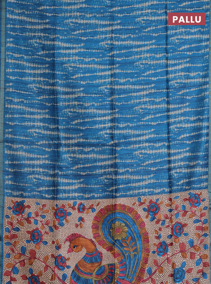 Semi tussar saree cs blue with shibori prints and kalamkari prints & cut work pallu