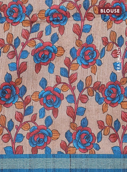 Semi tussar saree cs blue with shibori prints and kalamkari prints & cut work pallu