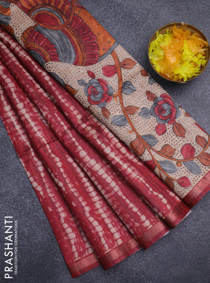 Semi tussar saree maroon with shibori prints and kalamkari prints & cut work pallu