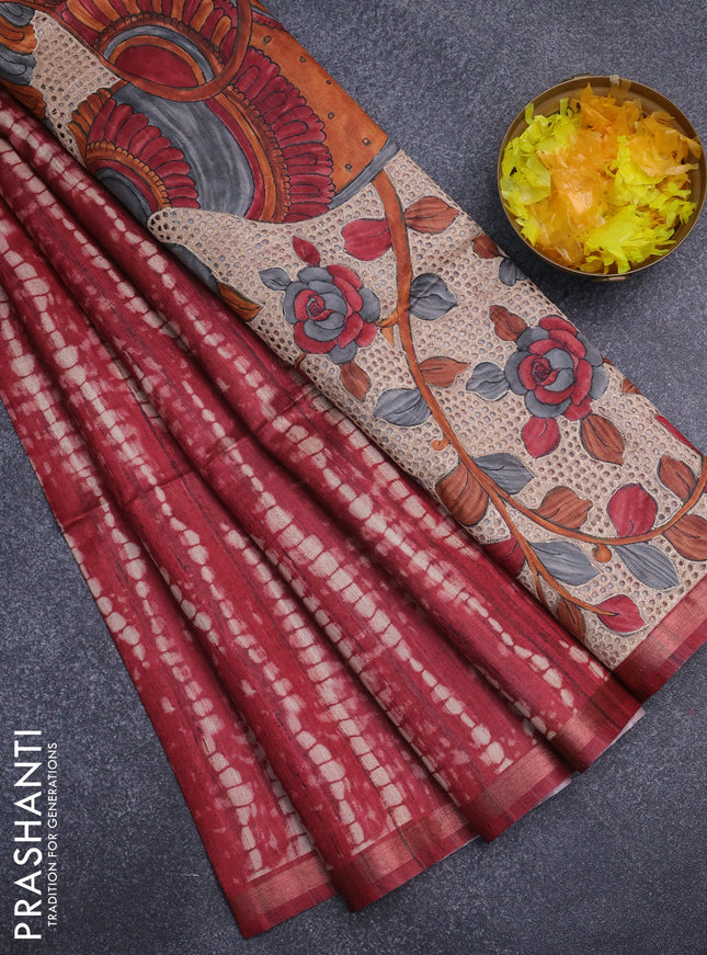 Semi tussar saree maroon with shibori prints and kalamkari prints & cut work pallu