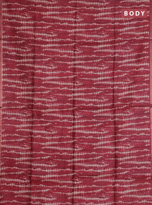Semi tussar saree maroon with shibori prints and kalamkari prints & cut work pallu