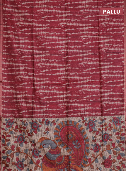 Semi tussar saree maroon with shibori prints and kalamkari prints & cut work pallu