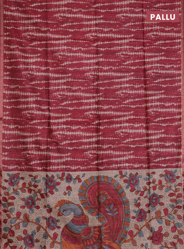 Semi tussar saree maroon with shibori prints and kalamkari prints & cut work pallu