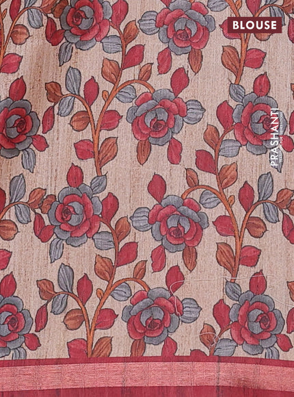 Semi tussar saree maroon with shibori prints and kalamkari prints & cut work pallu