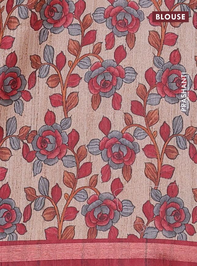 Semi tussar saree maroon with shibori prints and kalamkari prints & cut work pallu