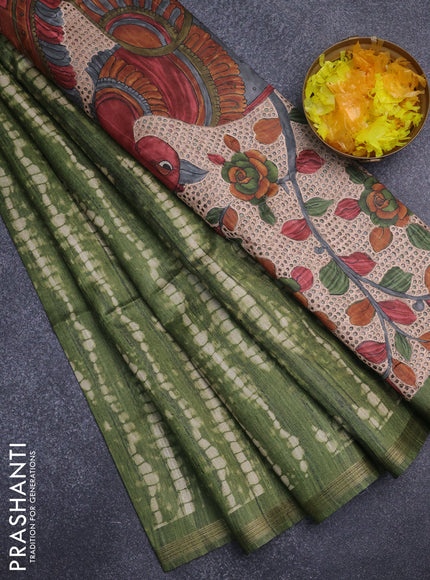 Semi tussar saree sap green with shibori prints and kalamkari prints & cut work pallu