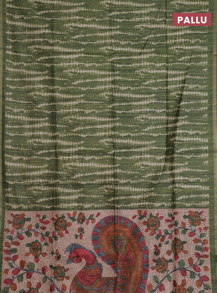 Semi tussar saree sap green with shibori prints and kalamkari prints & cut work pallu