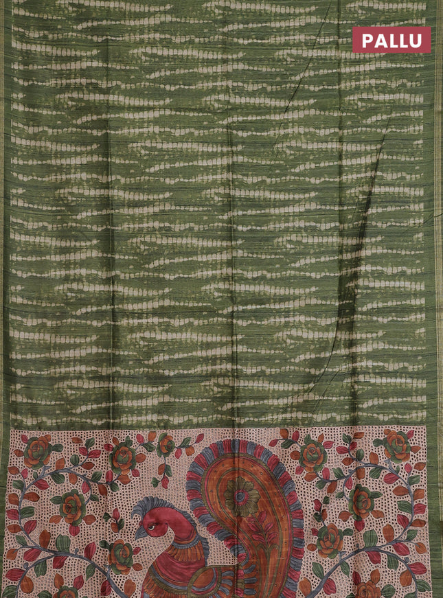 Semi tussar saree sap green with shibori prints and kalamkari prints & cut work pallu