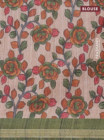 Semi tussar saree sap green with shibori prints and kalamkari prints & cut work pallu