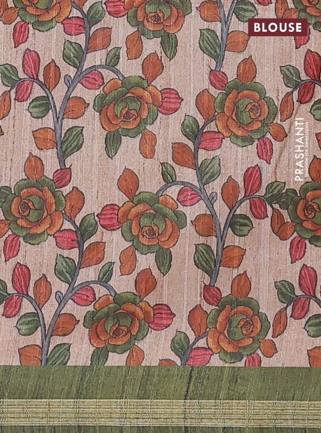 Semi tussar saree sap green with shibori prints and kalamkari prints & cut work pallu