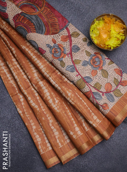 Semi tussar saree rustic orange with shibori prints and kalamkari prints & cut work pallu