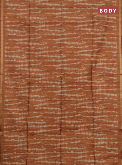 Semi tussar saree rustic orange with shibori prints and kalamkari prints & cut work pallu