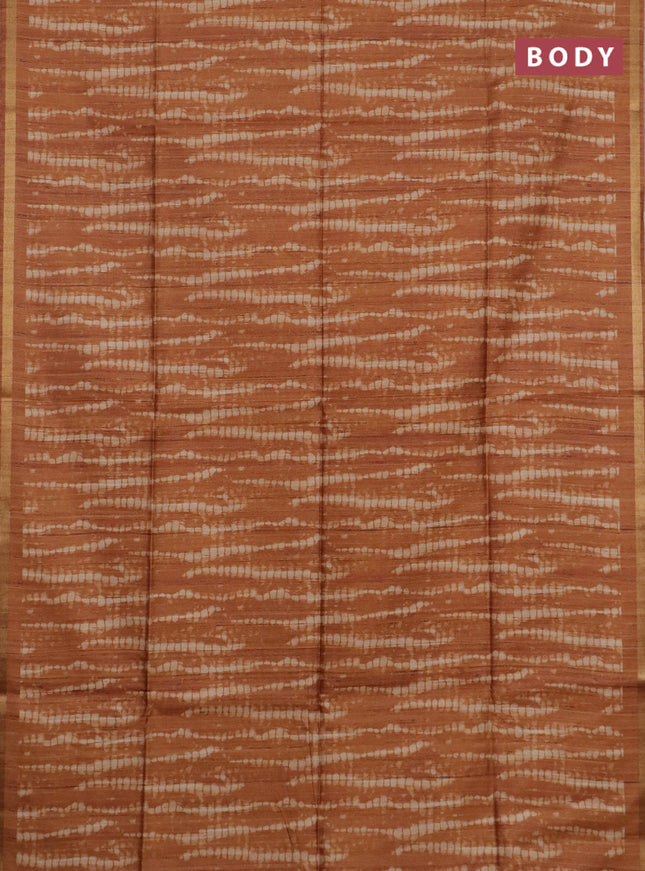 Semi tussar saree rustic orange with shibori prints and kalamkari prints & cut work pallu