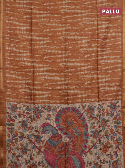 Semi tussar saree rustic orange with shibori prints and kalamkari prints & cut work pallu