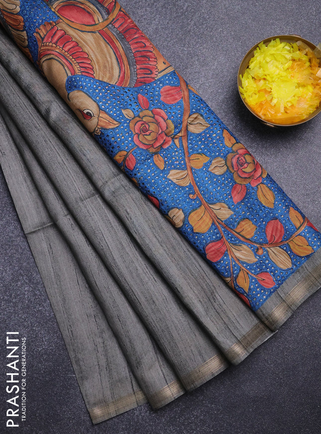 Semi tussar saree greyish green with plain body and kalamkari prints & cut work pallu