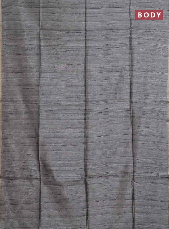 Semi tussar saree greyish green with plain body and kalamkari prints & cut work pallu