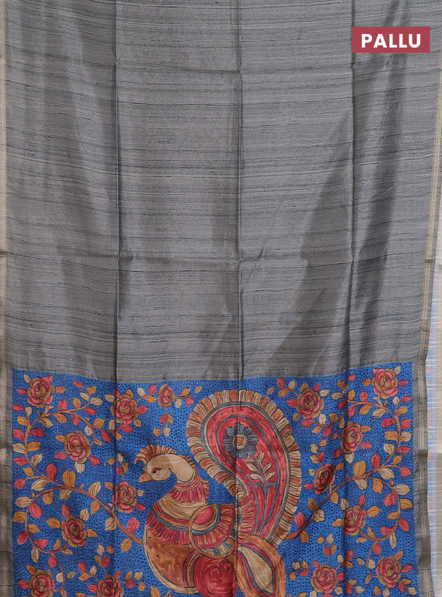 Semi tussar saree greyish green with plain body and kalamkari prints & cut work pallu