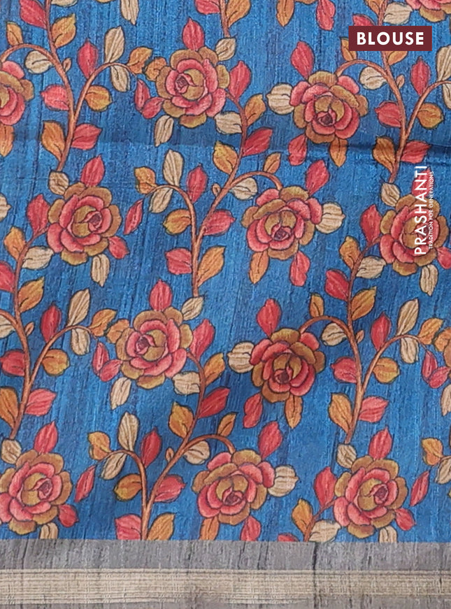 Semi tussar saree greyish green with plain body and kalamkari prints & cut work pallu