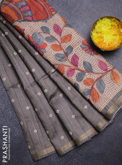 Semi tussar saree grey shade with bandhani butta prints and kalamkari prints & cut work pallu