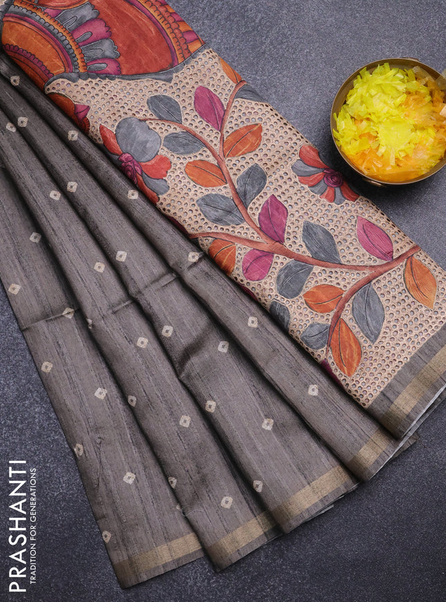 Semi tussar saree grey shade with bandhani butta prints and kalamkari prints & cut work pallu
